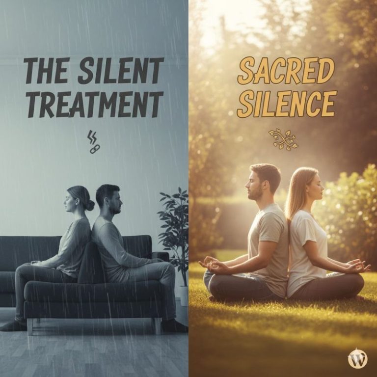 generate a WordPress friendly image for a blog on The Silent Treatment in Relationships vs. Sacred Silence